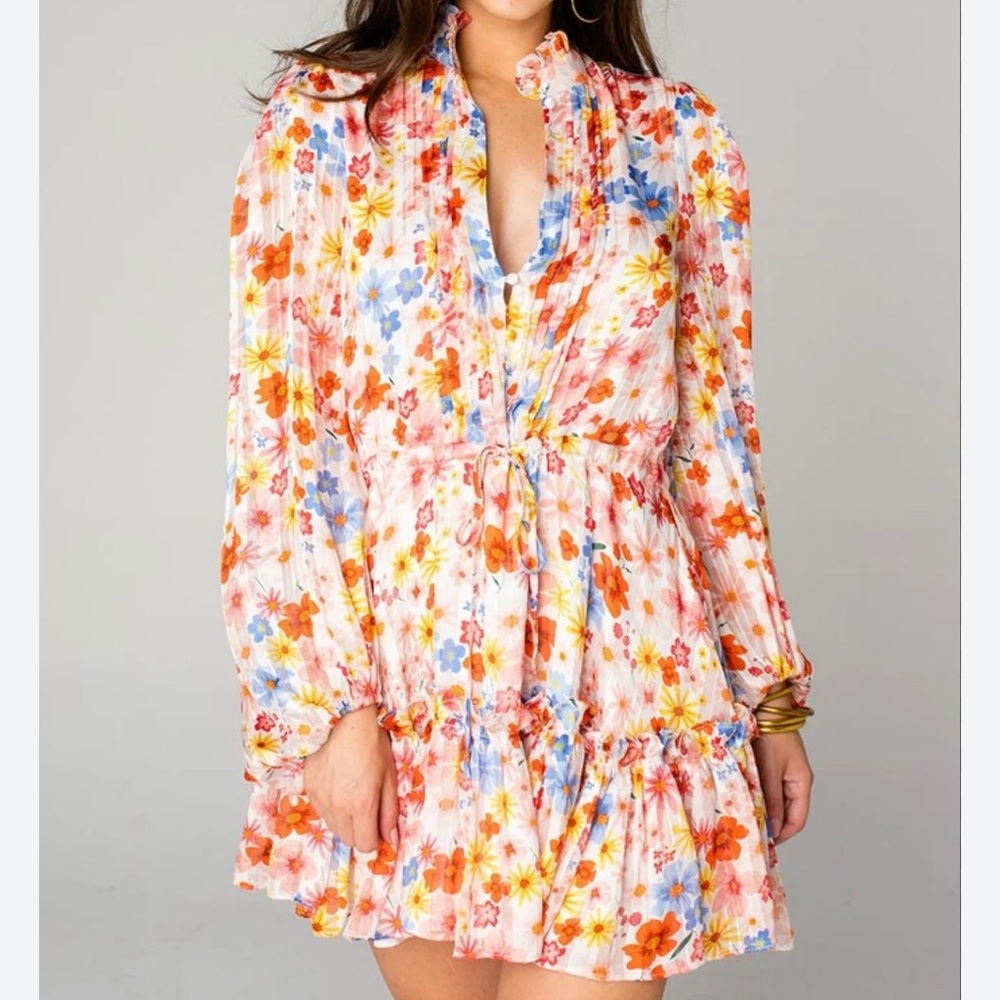 Buddy Love Floral Long Sleeve Mini Dress in White, Orange, Blue, Yellow